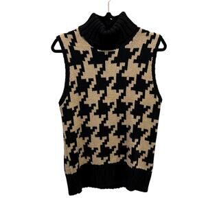 Vintage Jones New York Black Tan Houndstooth Turtleneck Sweater Womens Medium
